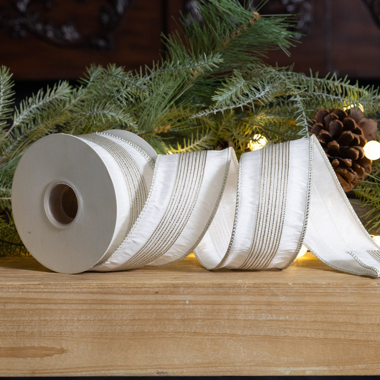 2.5″ × 10 yd wired polyester ribbon with silver glitter stripes—ideal for wreaths, bows, and festive decor
