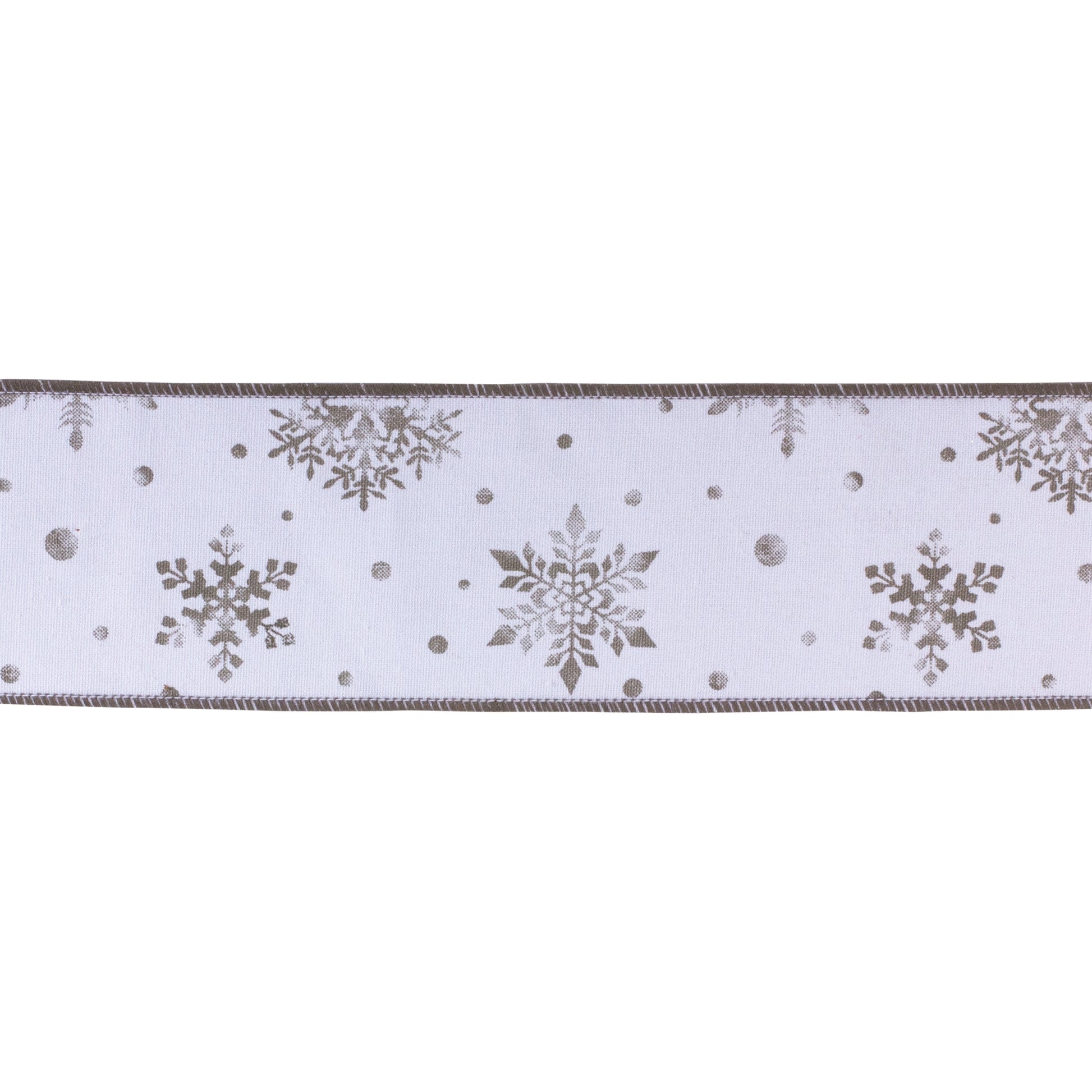Two wired cotton ribbons (10 yd each) with metallic white and silver snowflake design
