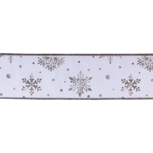 Two wired cotton ribbons (10 yd each) with metallic white and silver snowflake design
