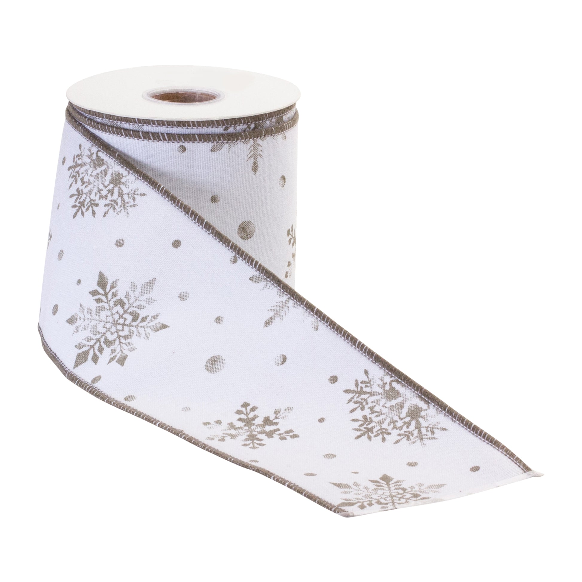 Two wired cotton ribbons (10 yd each) with metallic white and silver snowflake design
