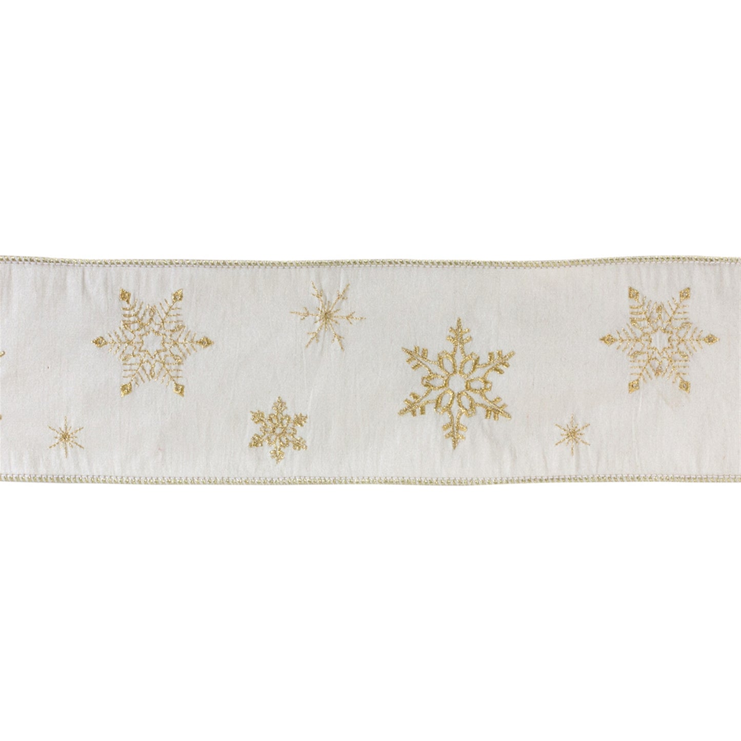 Two 4″ × 5 yd wired polyester ribbons with gold snowflake design
