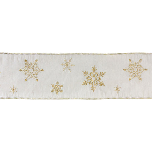 Two 4″ × 5 yd wired polyester ribbons with gold snowflake design
