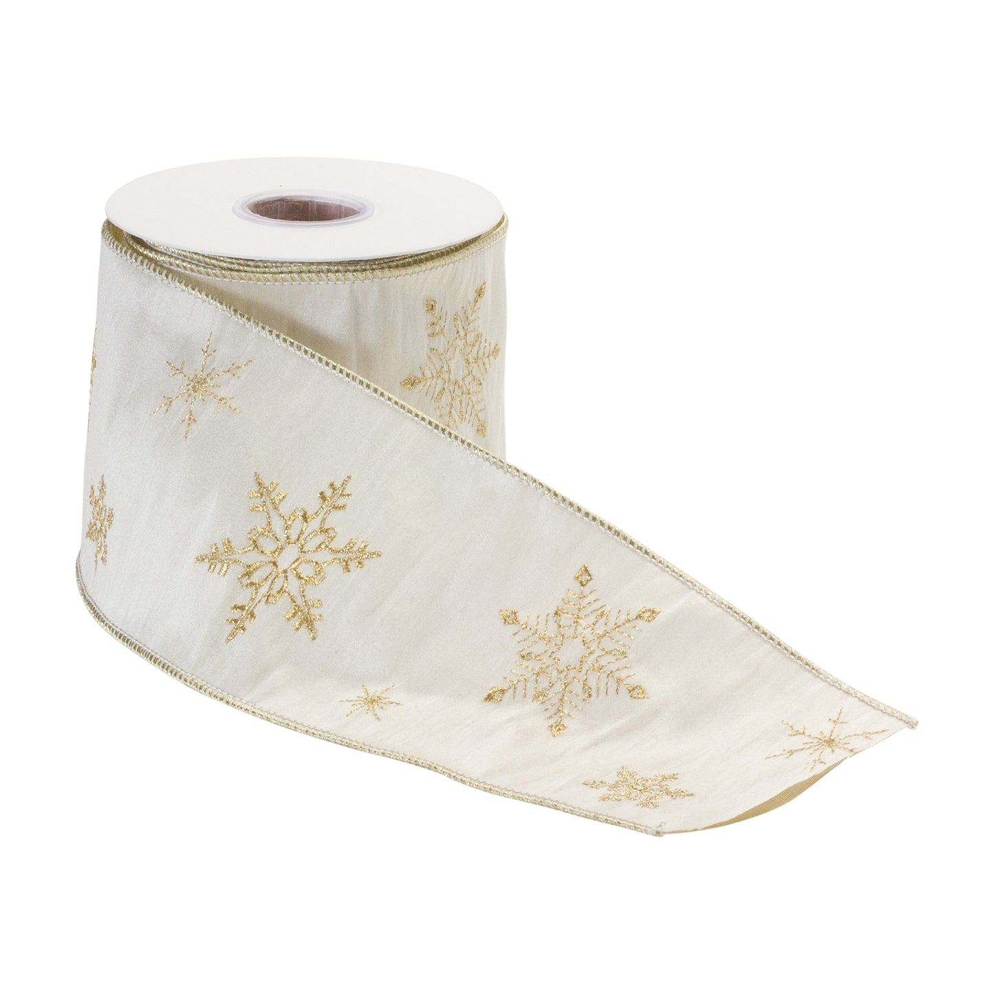 Two 4″ × 5 yd wired polyester ribbons with gold snowflake design
