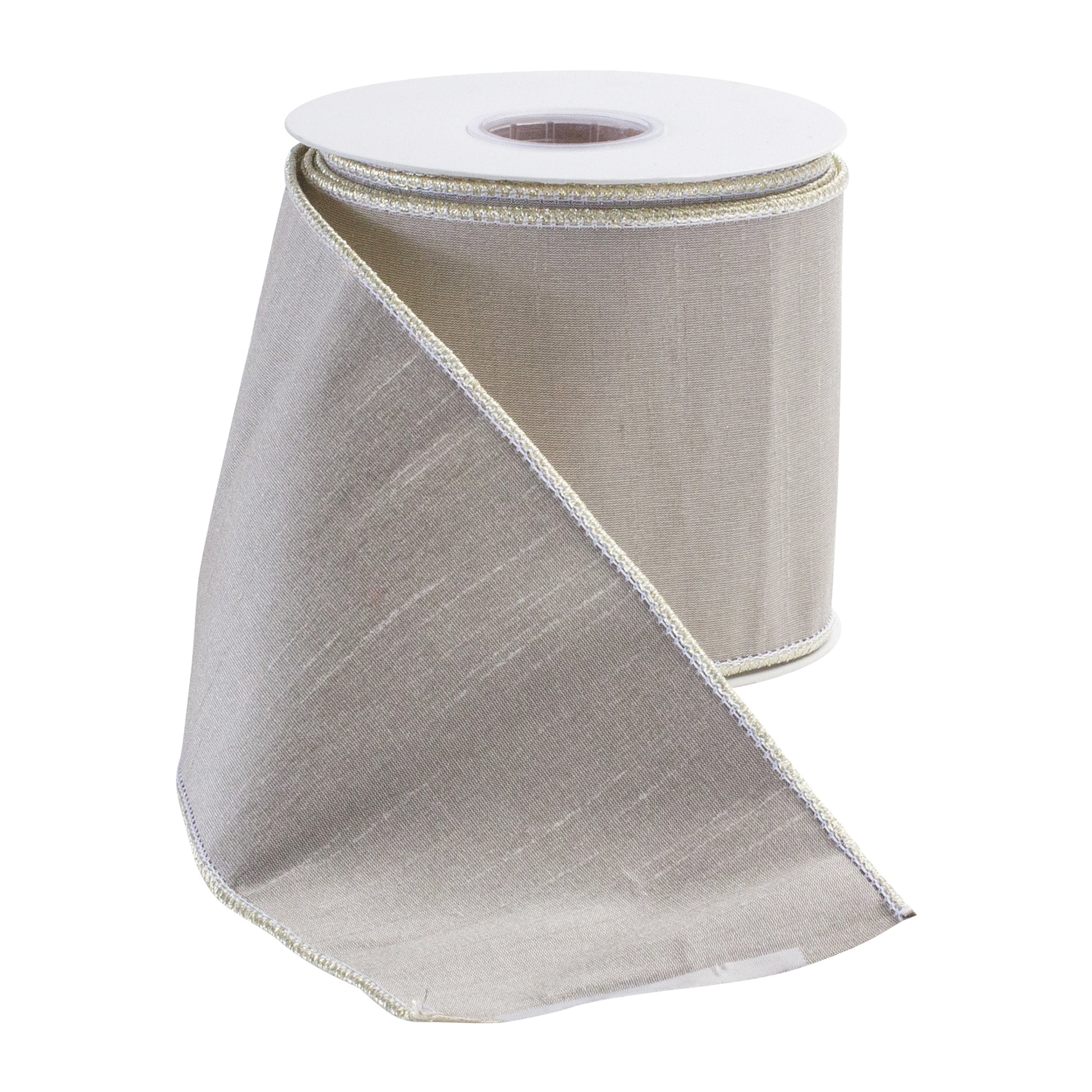 4″ × 10 yd wired polyester ribbon in classic beige—perfect for wreaths, bows, and holiday décor
