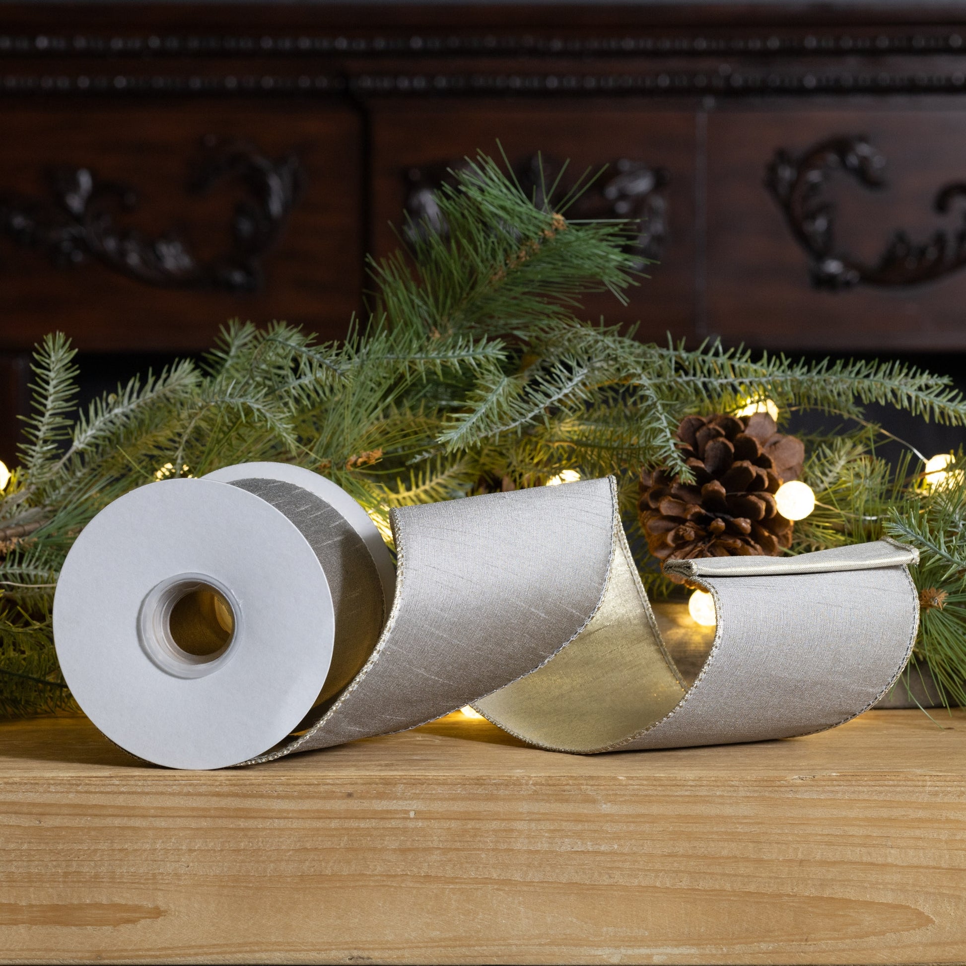 4″ × 10 yd wired polyester ribbon in classic beige—perfect for wreaths, bows, and holiday décor
