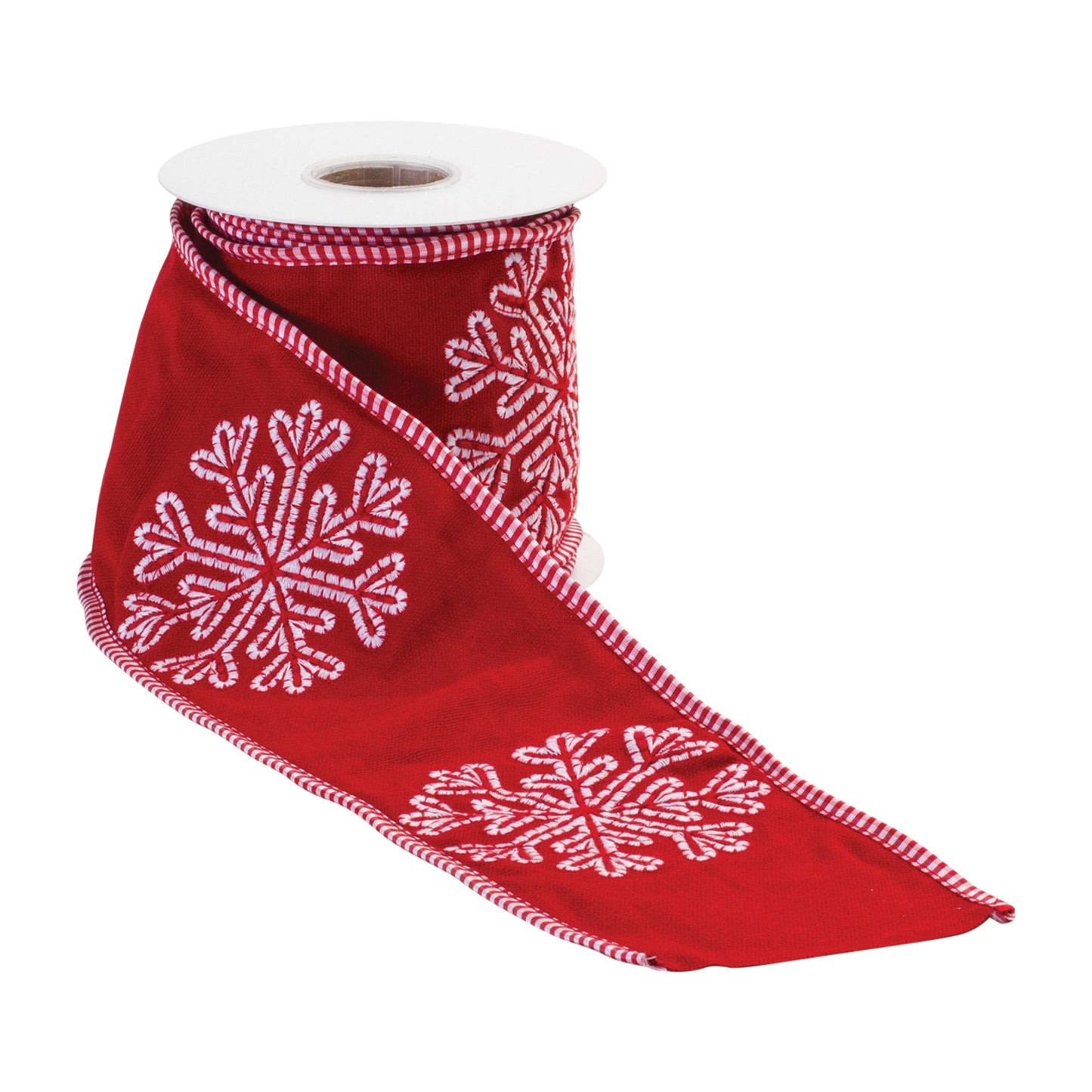 4″ × 5 yd wired cotton ribbon with snowflake outline design
