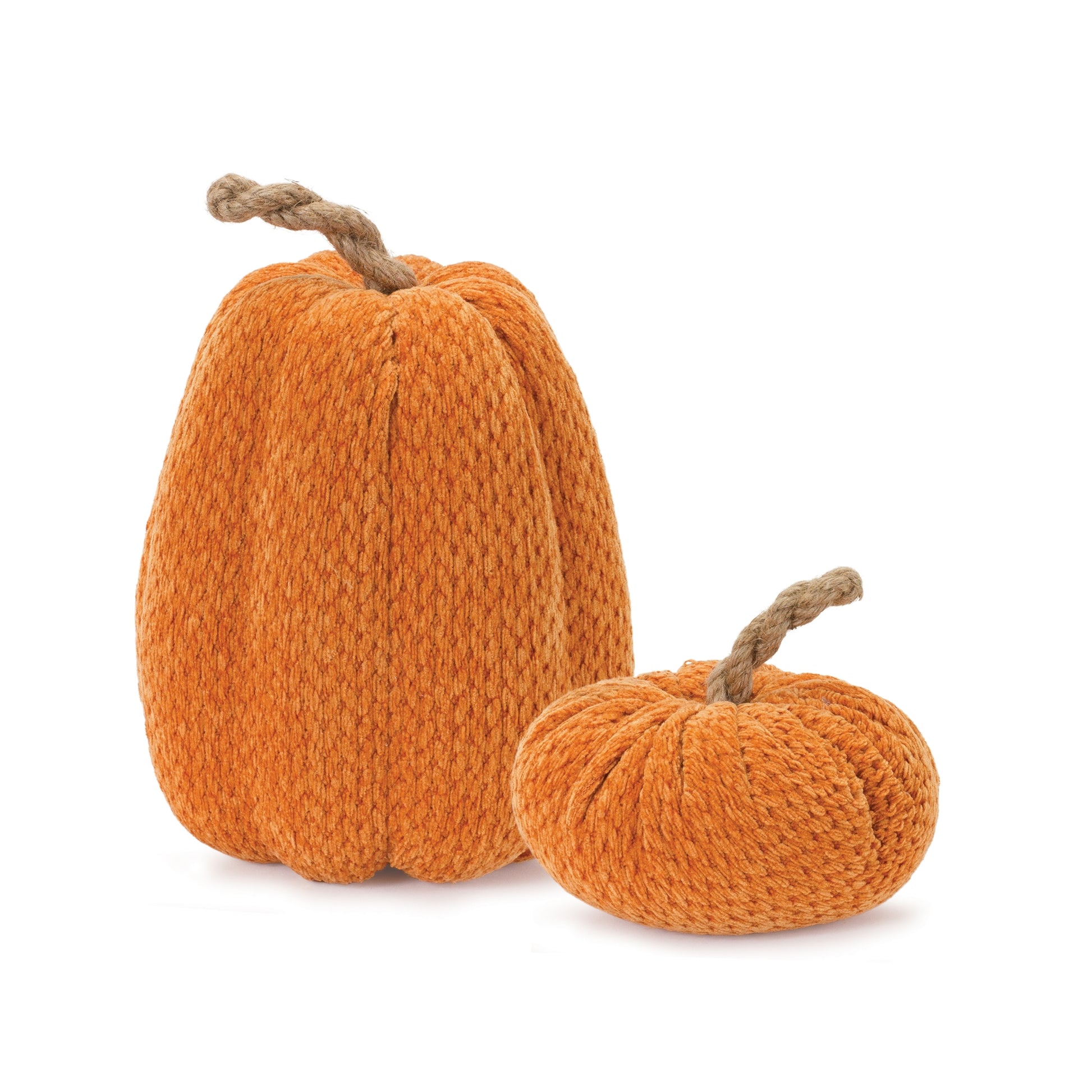 Set of two plush fabric pumpkins with orange fabric bodies and jute rope stems
