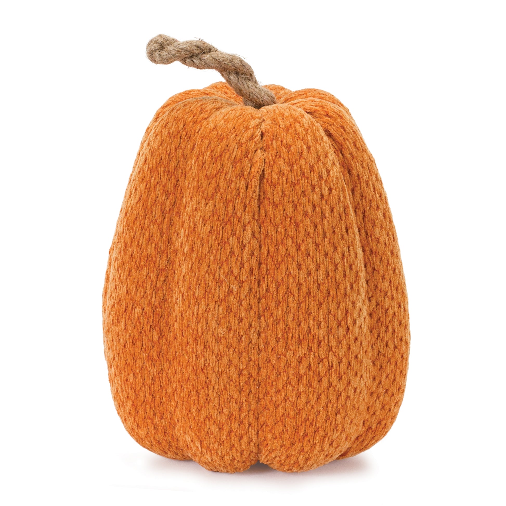 Set of two plush fabric pumpkins with orange fabric bodies and jute rope stems
