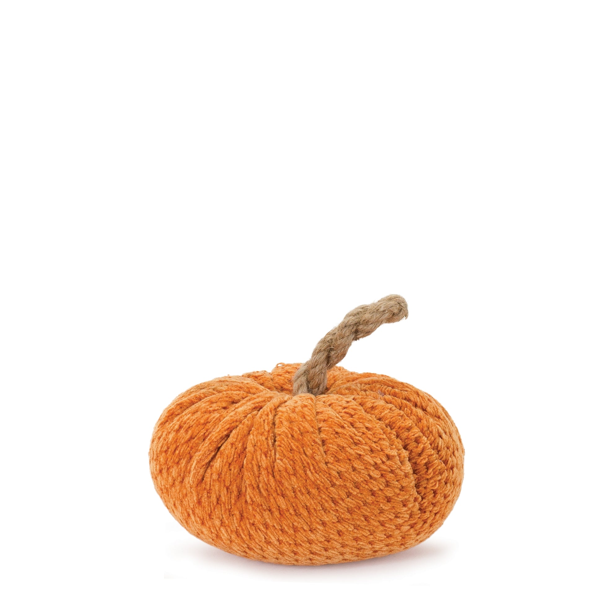 Set of two plush fabric pumpkins with orange fabric bodies and jute rope stems
