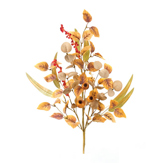 Set of two mixed fall foliage pod sprays with red, rust, and gold pods on brown stems
