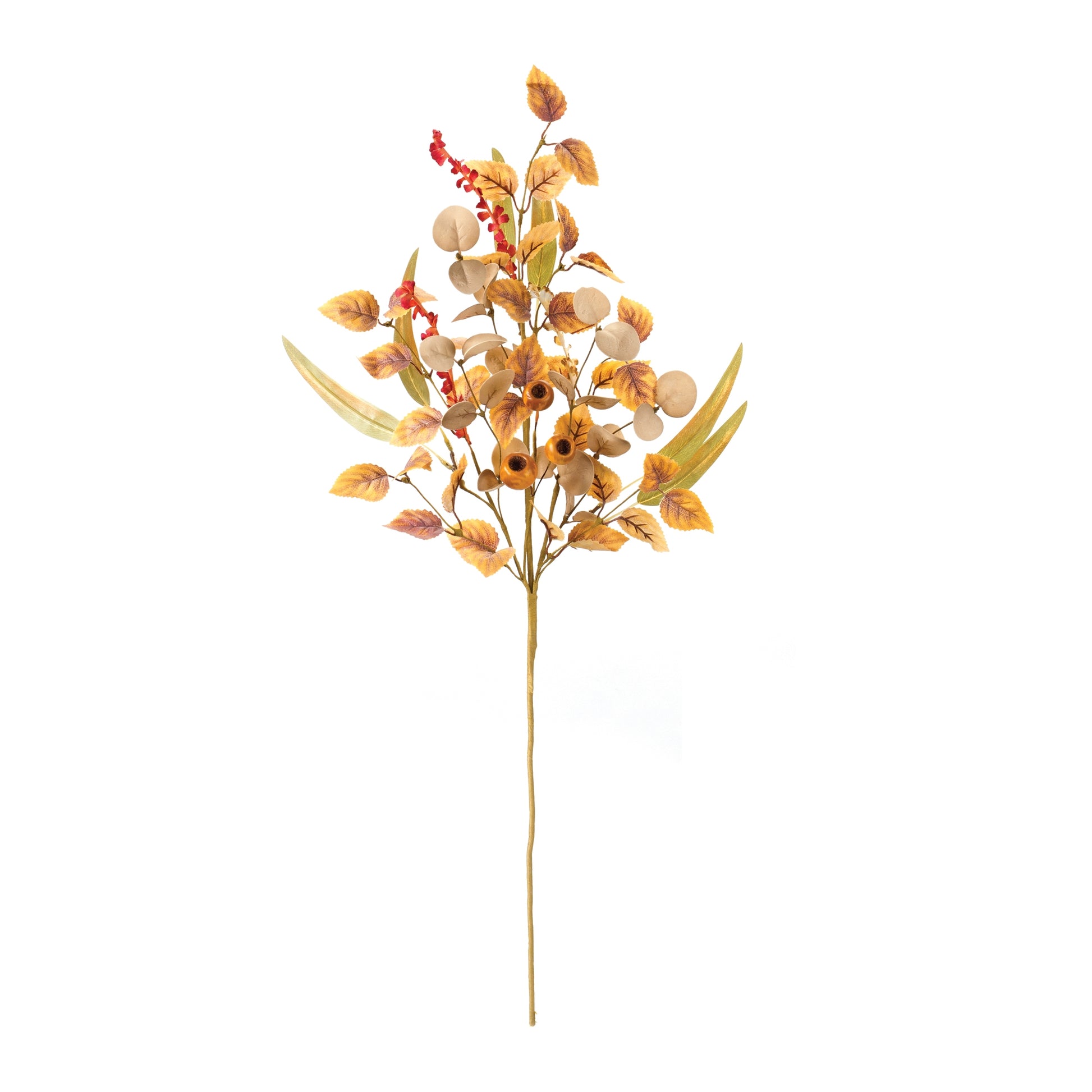 Set of two mixed fall foliage pod sprays with red, rust, and gold pods on brown stems
