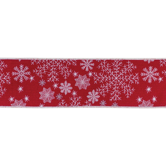 4″ × 5 yd wired polyester ribbon in red and white snowflake pattern
