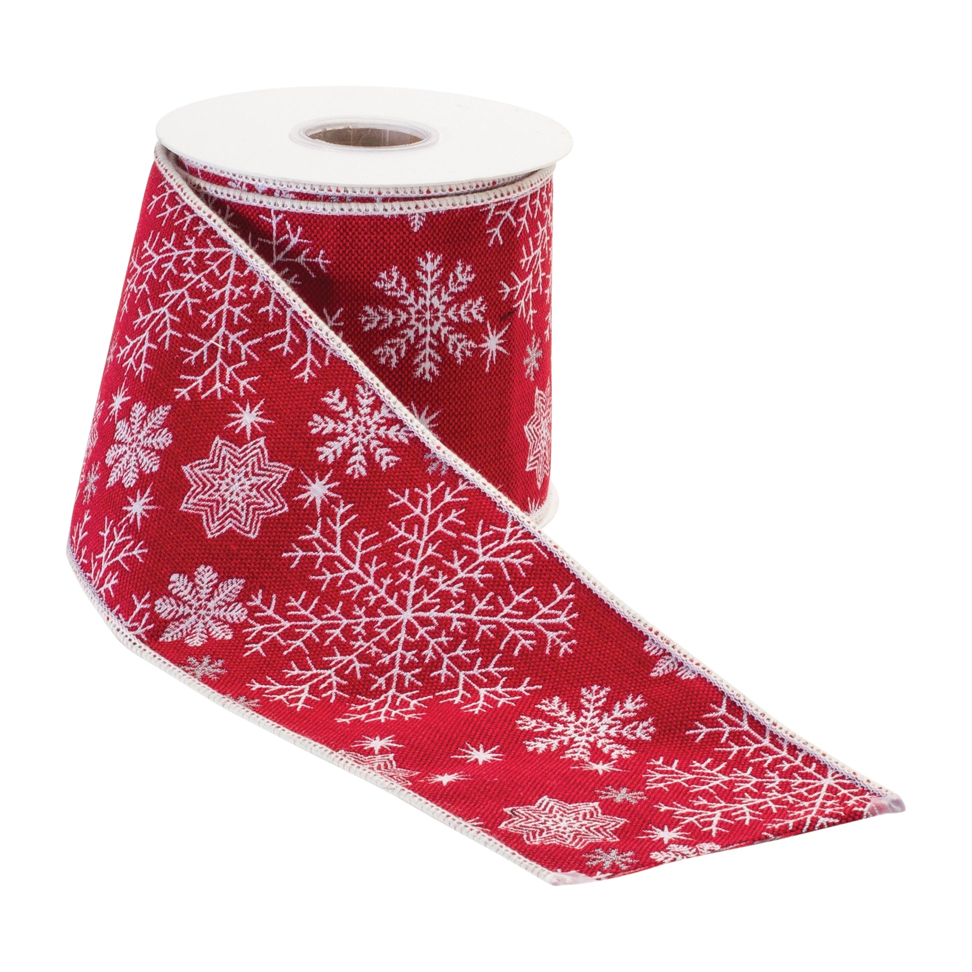 4″ × 5 yd wired polyester ribbon in red and white snowflake pattern
