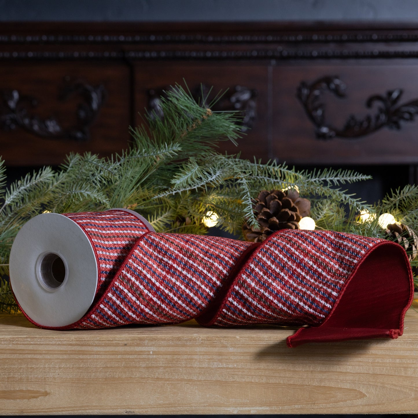 4″ × 10 yd wired ribbon with classic red-green holiday plaid

