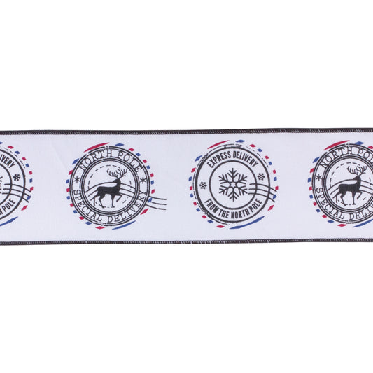 Wired cotton ribbon set – 4″ × 5 yd rolls in white with black North Pole postal design
