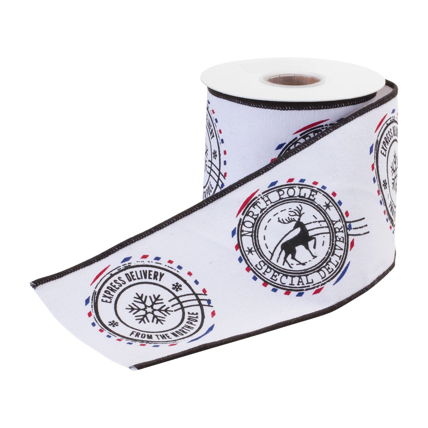 Wired cotton ribbon set – 4″ × 5 yd rolls in white with black North Pole postal design
