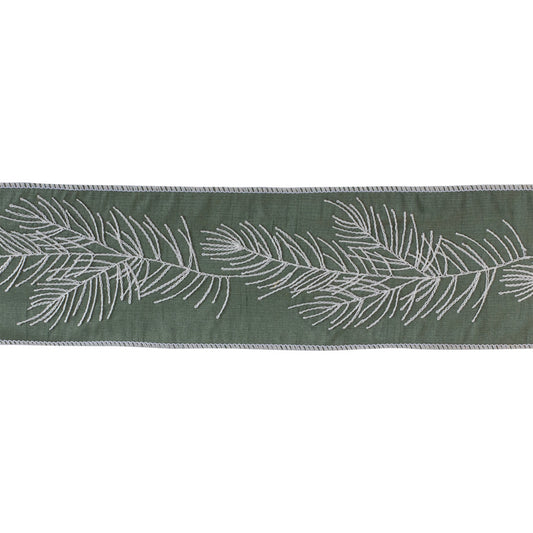 Green and silver pine branch ribbon, 4″ × 5 Yds – wired holiday ribbon for wreaths, bows, garlands, and Christmas décor

