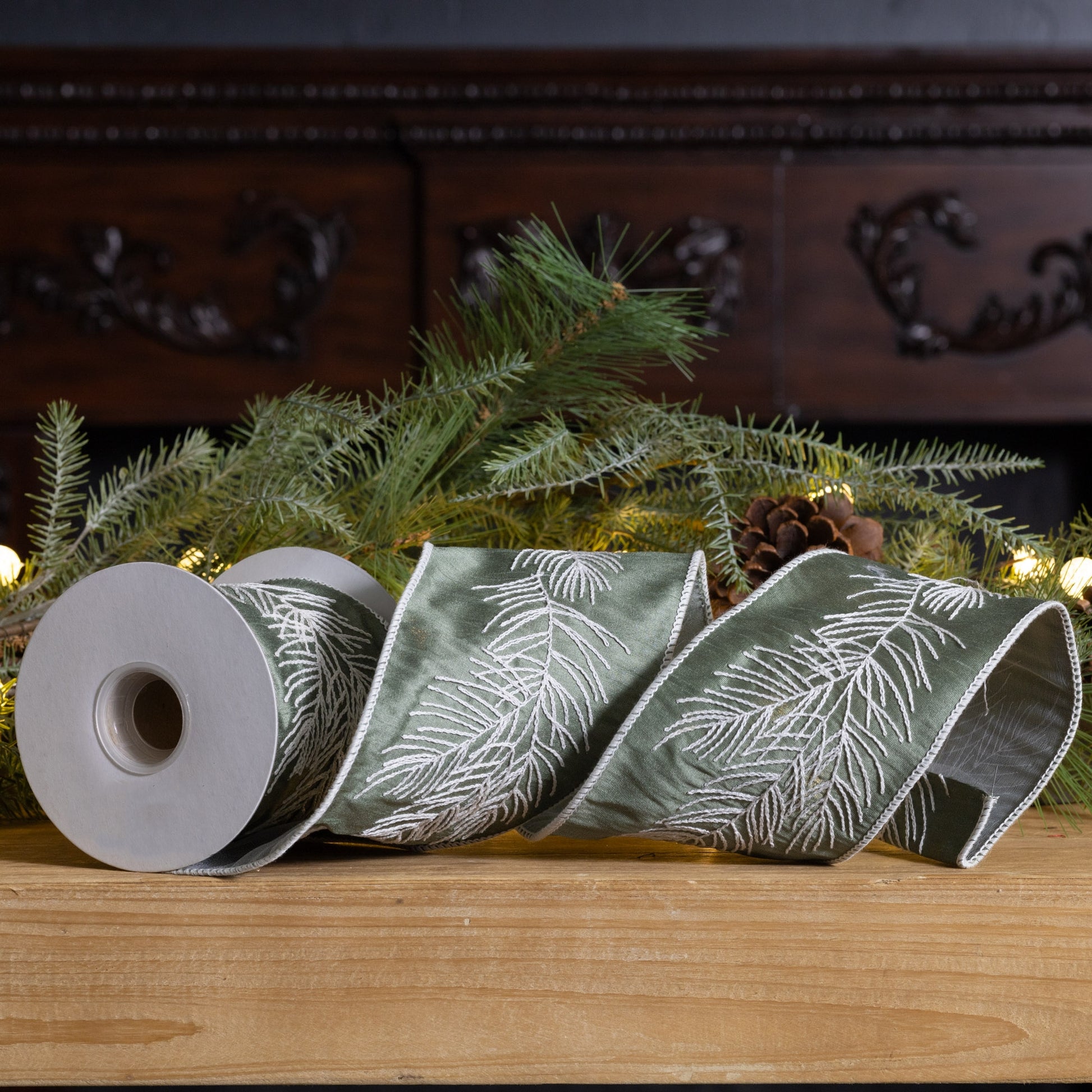Green and silver pine branch ribbon, 4″ × 5 Yds – wired holiday ribbon for wreaths, bows, garlands, and Christmas décor

