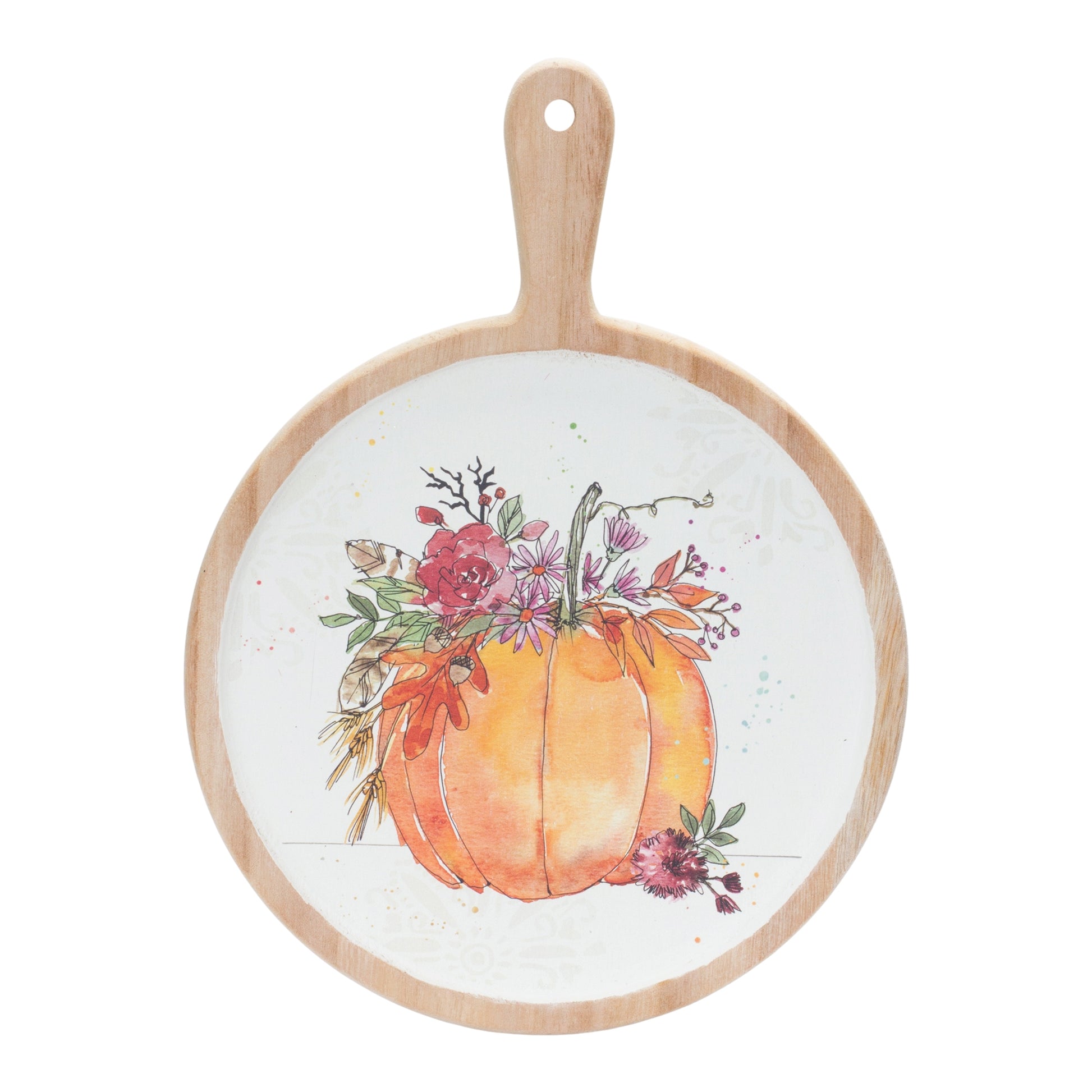 Pair of pine wood cutting boards featuring watercolor pumpkin art and convenient hanging holes

