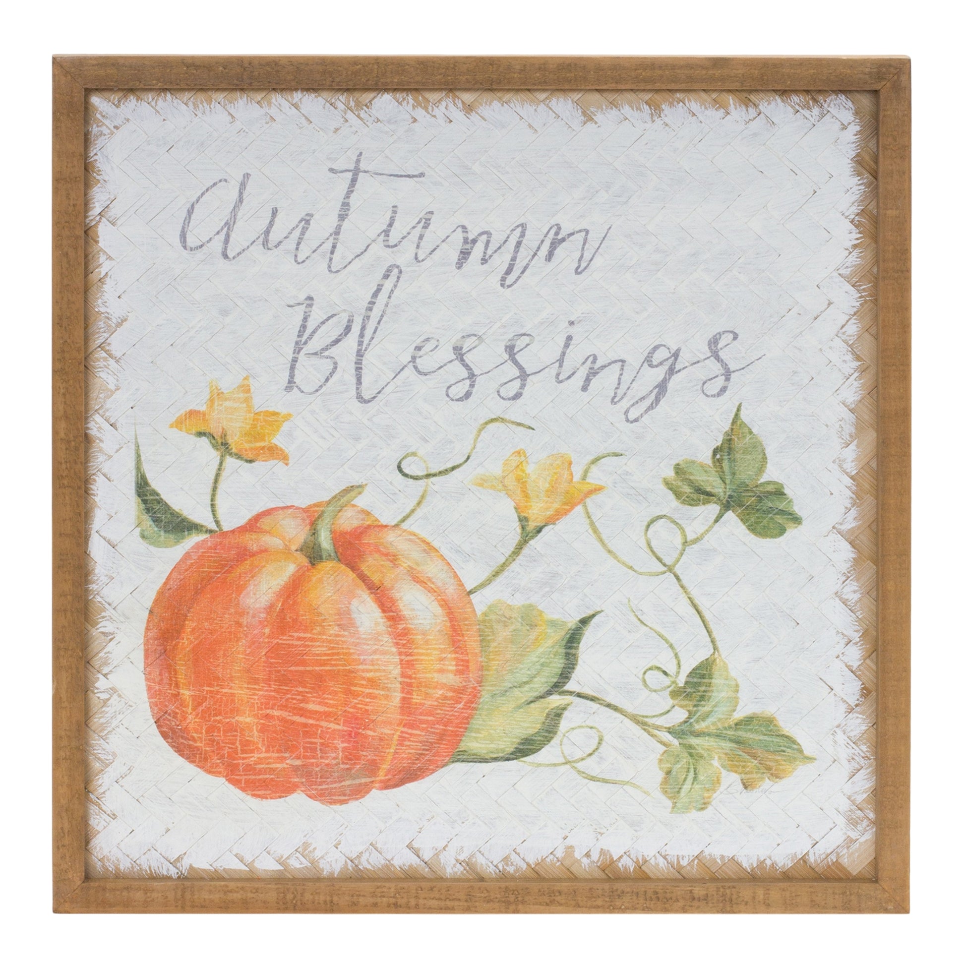 Pair of Autumn Blessing Pumpkin Signs with watercolor pumpkins and cursive sentiment on woven wood background
