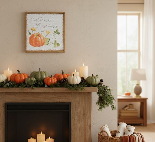 Pair of Autumn Blessing Pumpkin Signs with watercolor pumpkins and cursive sentiment on woven wood background
