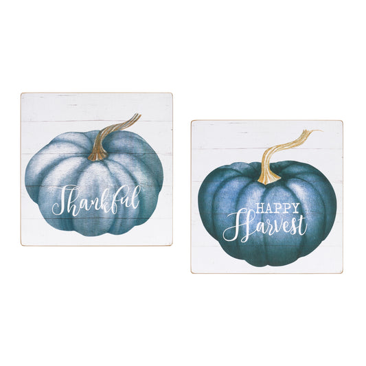 Set of four pumpkin sentiment signs with hand-painted phrases on pine board for autumn décor
