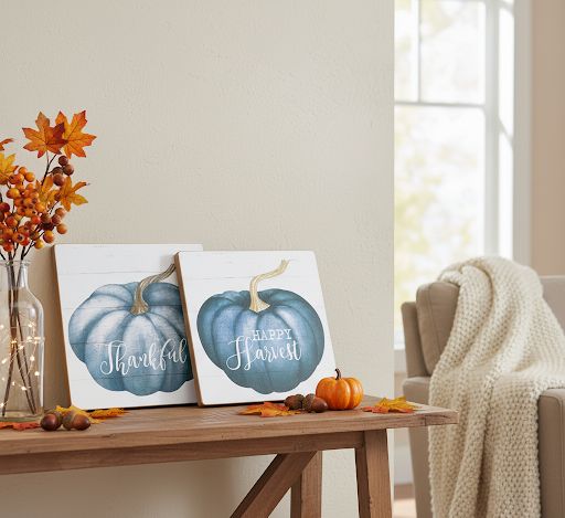 Set of four pumpkin sentiment signs with hand-painted phrases on pine board for autumn décor
