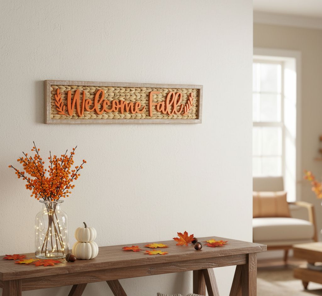 32-inch rustic woven “Welcome Fall” sign with fir wood frame and water hyacinth backing
