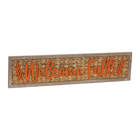 32-inch rustic woven “Welcome Fall” sign with fir wood frame and water hyacinth backing
