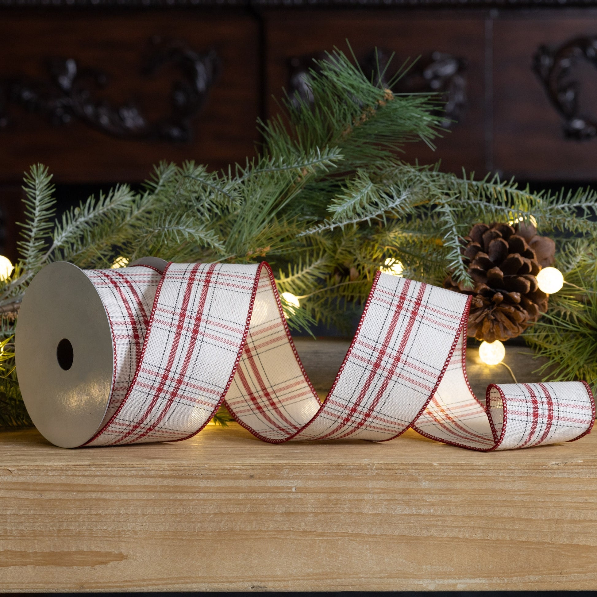 Red and white plaid cotton ribbon set of two rolls – 4″ × 5 yds each, wired holiday ribbon for wreaths, bows, garlands, and gift wrap | RRO Home
