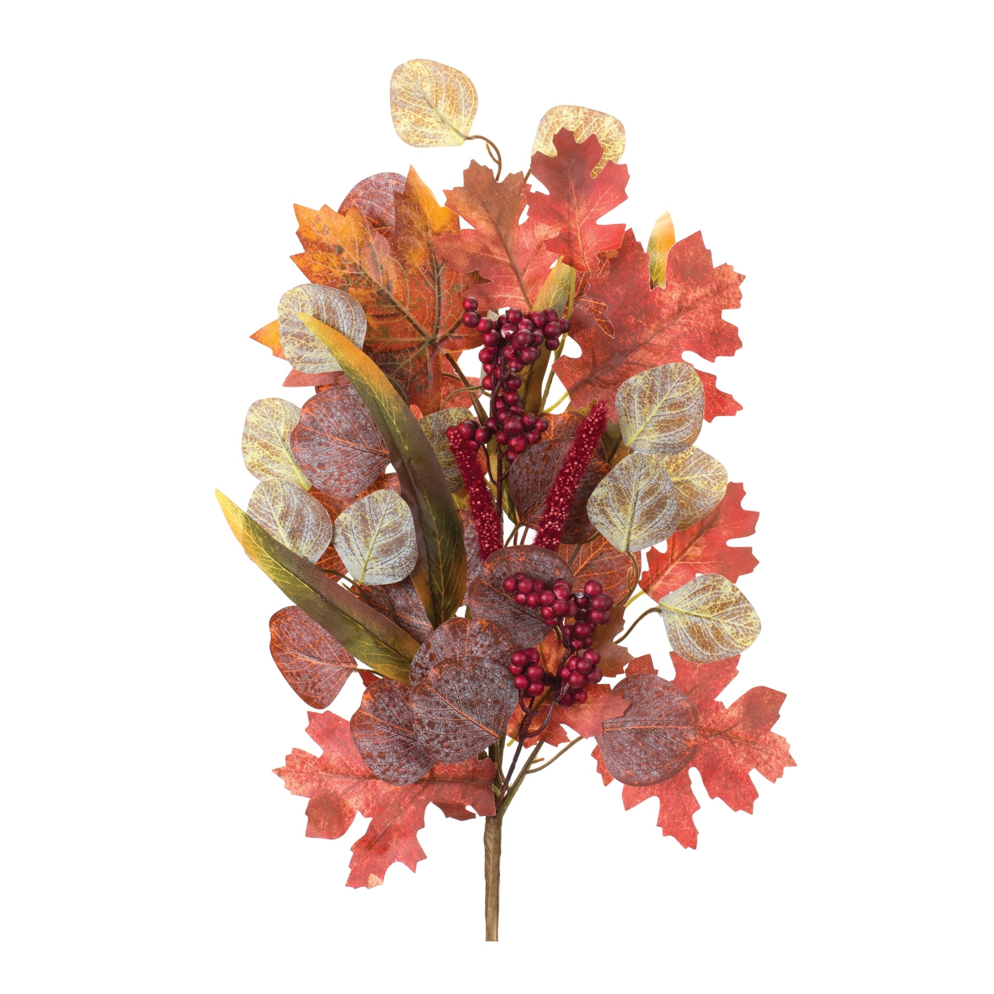 Set of two mixed fall foliage leaf stems with oak, maple, and eucalyptus leaves, berries and warm fall colors
