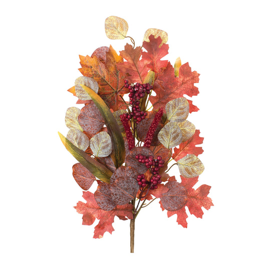 Set of two mixed fall foliage leaf stems with oak, maple, and eucalyptus leaves, berries and warm fall colors
