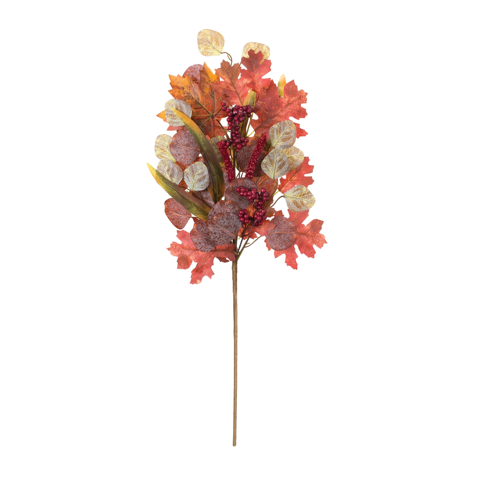 Set of two mixed fall foliage leaf stems with oak, maple, and eucalyptus leaves, berries and warm fall colors

