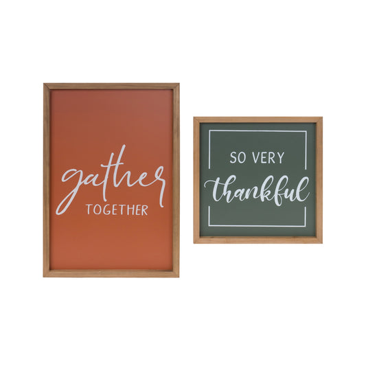Set of 2 farmhouse sentiment signs reading Gather Together and So Very Thankful in warm fall colors for Thanksgiving wall décor
