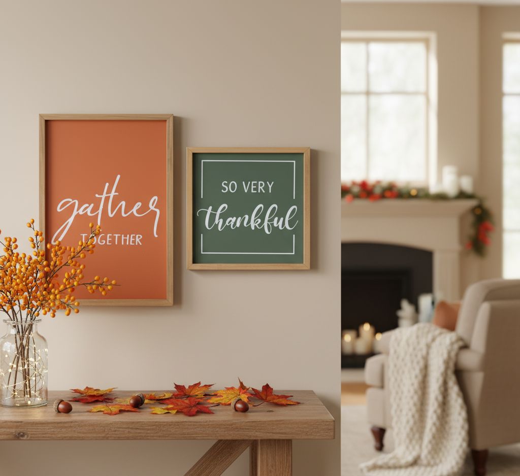 Set of 2 farmhouse sentiment signs reading Gather Together and So Very Thankful in warm fall colors for Thanksgiving wall décor
