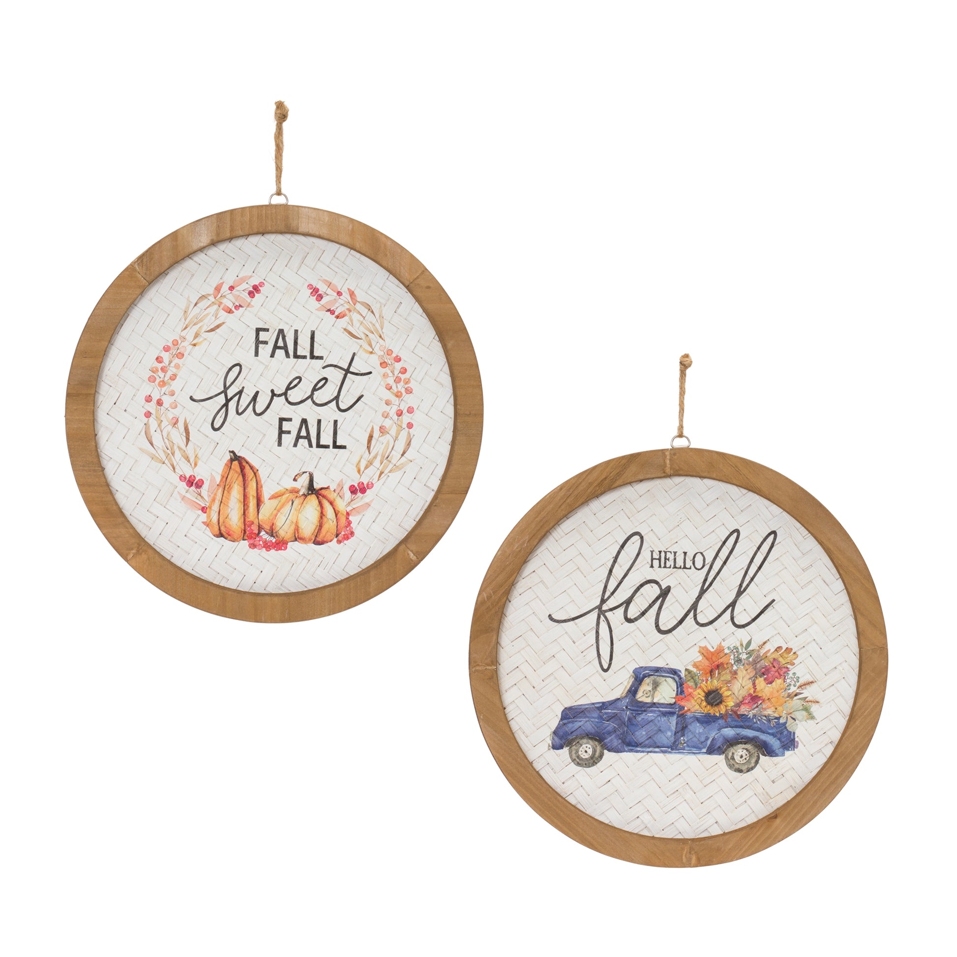 Two fall harvest plaques set of 2 with rustic orange and white sentiment designs, pine frame and woven MDF backdrop, jute hanger
