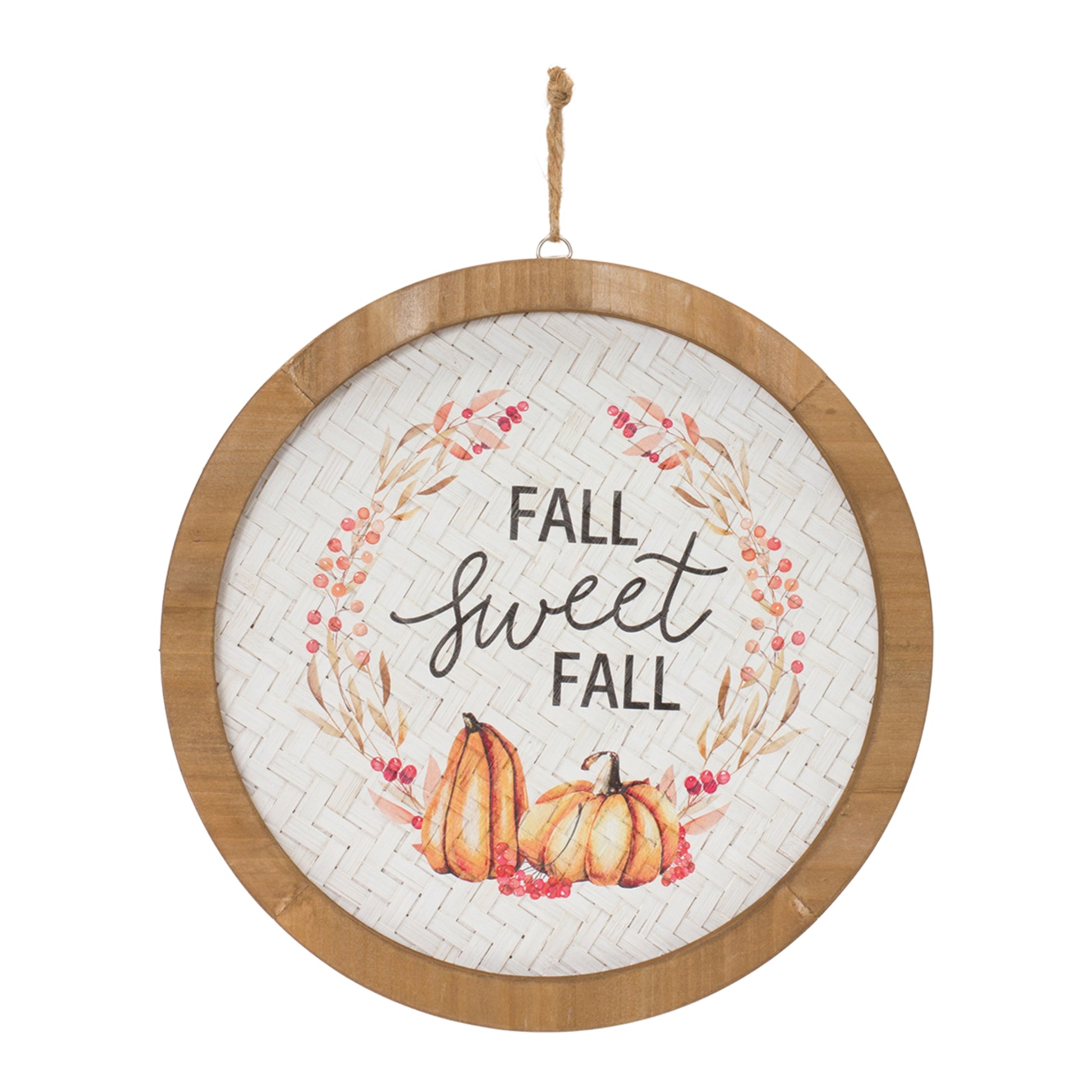 Two fall harvest plaques set of 2 with rustic orange and white sentiment designs, pine frame and woven MDF backdrop, jute hanger
