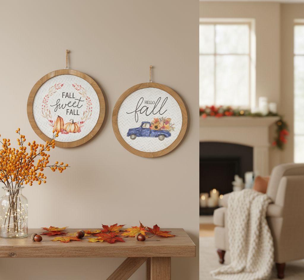 Two fall harvest plaques set of 2 with rustic orange and white sentiment designs, pine frame and woven MDF backdrop, jute hanger
