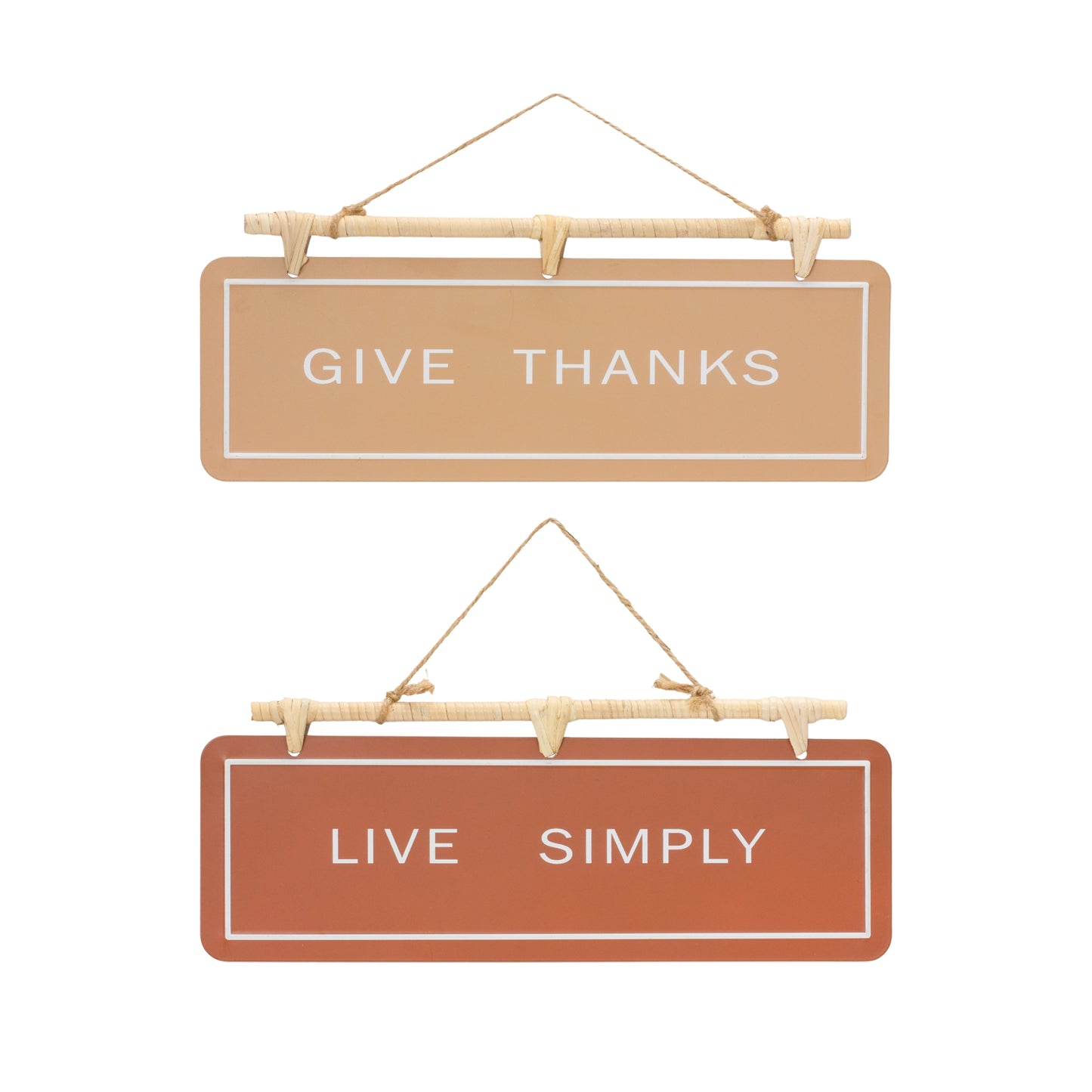 Two hanging fall sentiment signs reading “Give Thanks” and “Live Simply” in warm orange and beige with rattan hanger
