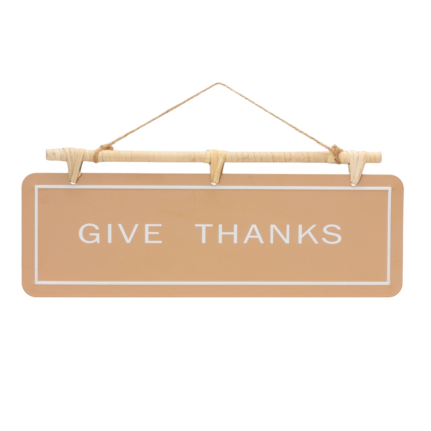 Two hanging fall sentiment signs reading “Give Thanks” and “Live Simply” in warm orange and beige with rattan hanger
