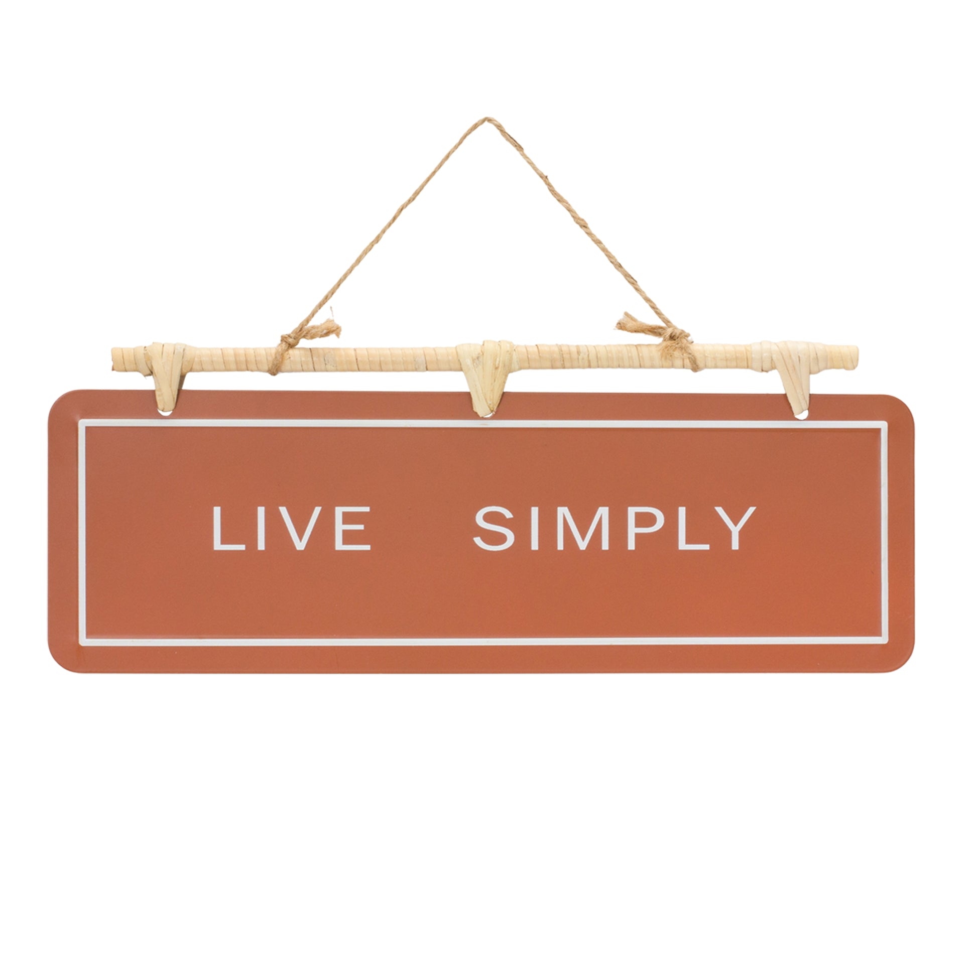 Two hanging fall sentiment signs reading “Give Thanks” and “Live Simply” in warm orange and beige with rattan hanger
