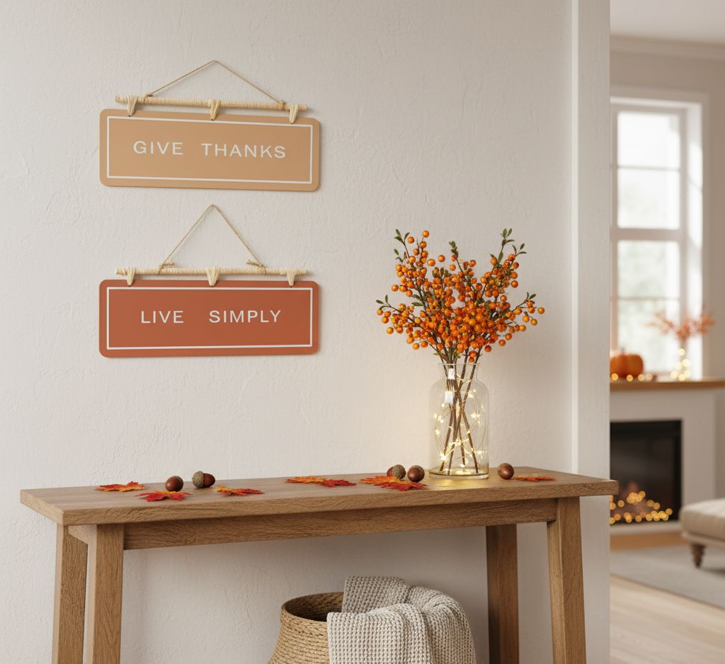 Two hanging fall sentiment signs reading “Give Thanks” and “Live Simply” in warm orange and beige with rattan hanger
