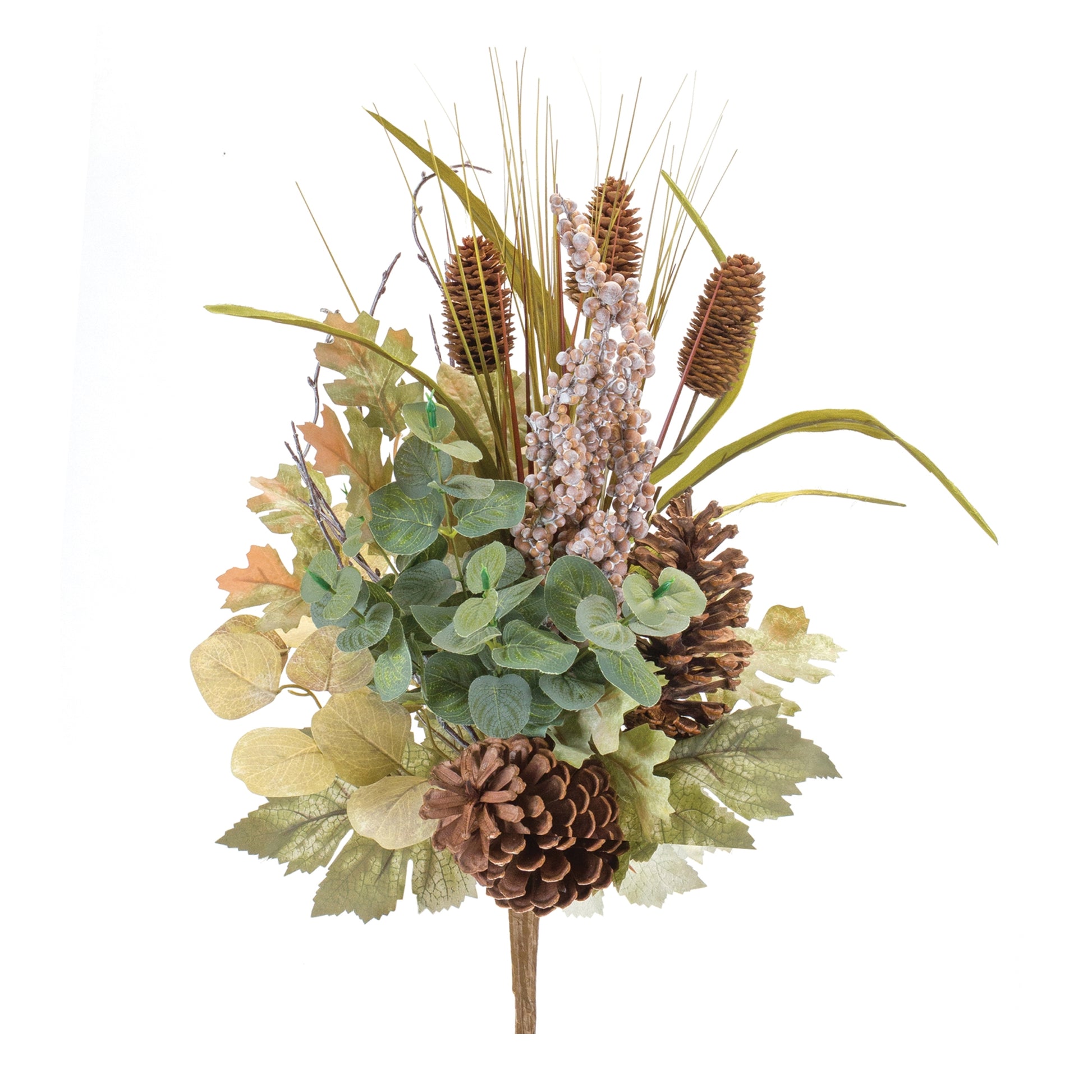 Two mixed fall foliage bushes with oak, maple, and eucalyptus leaves plus berries and pinecones for autumn décor
