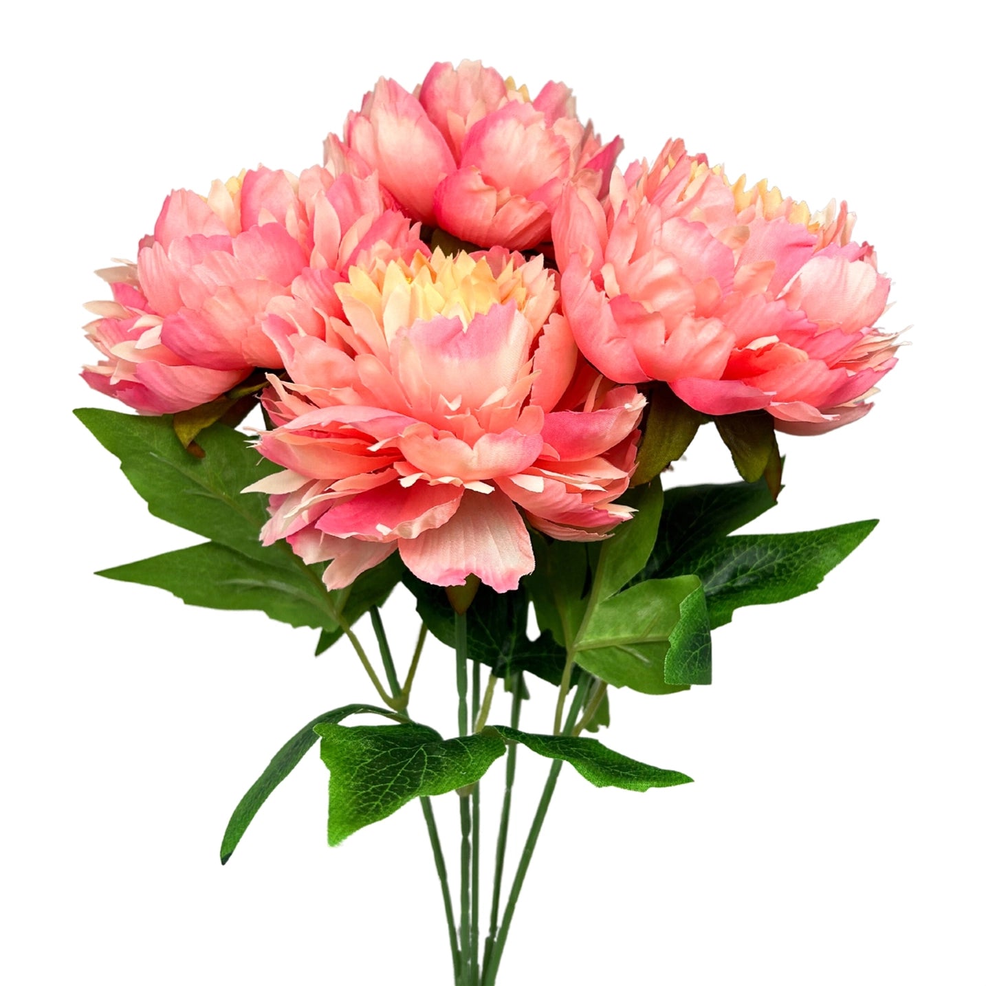 17-inch artificial Moutan peony bush with pink and yellow blooms on a single stem
