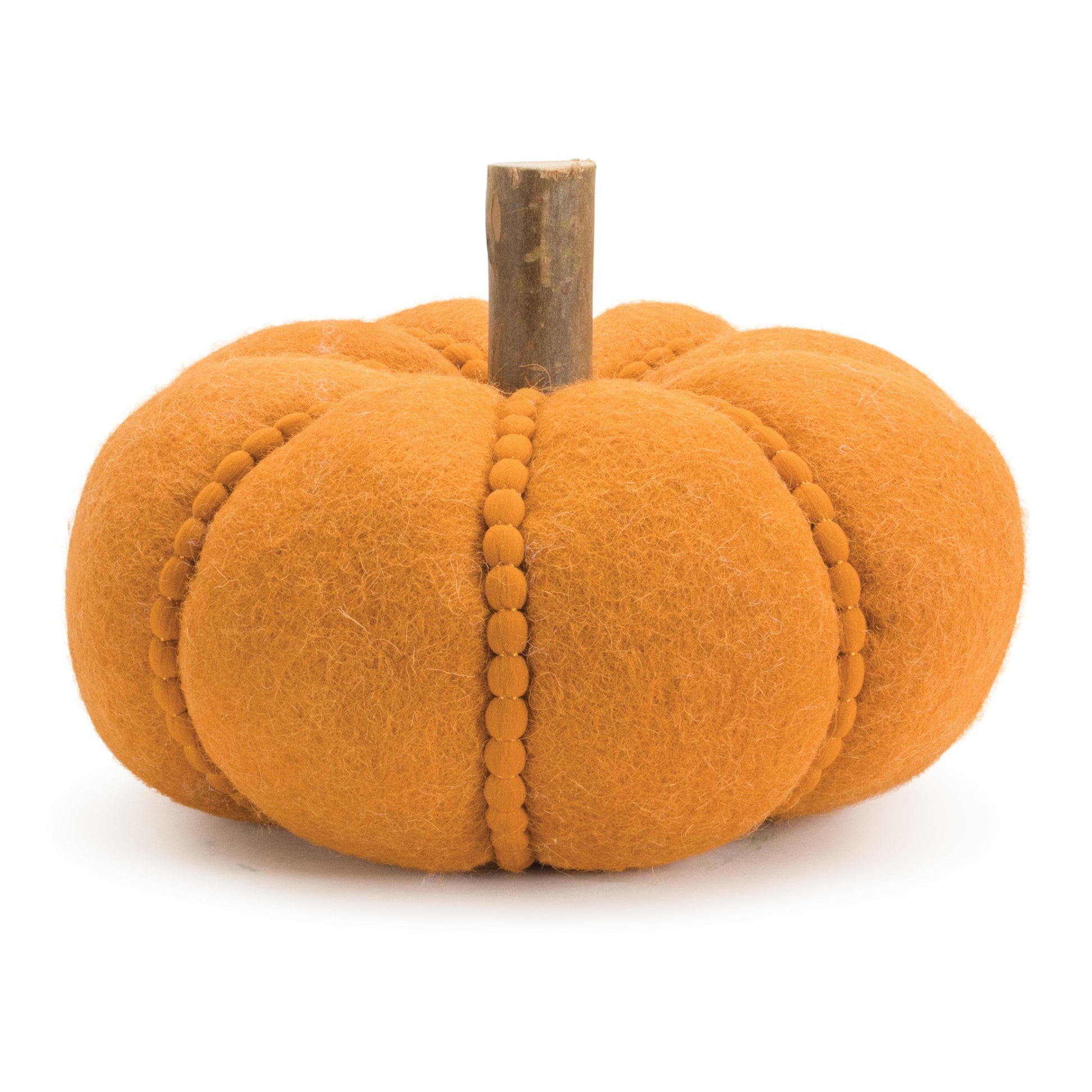 Set of two felt wool pumpkins with orange-brown tones, wooden log stems and beaded accents for rustic fall décor
