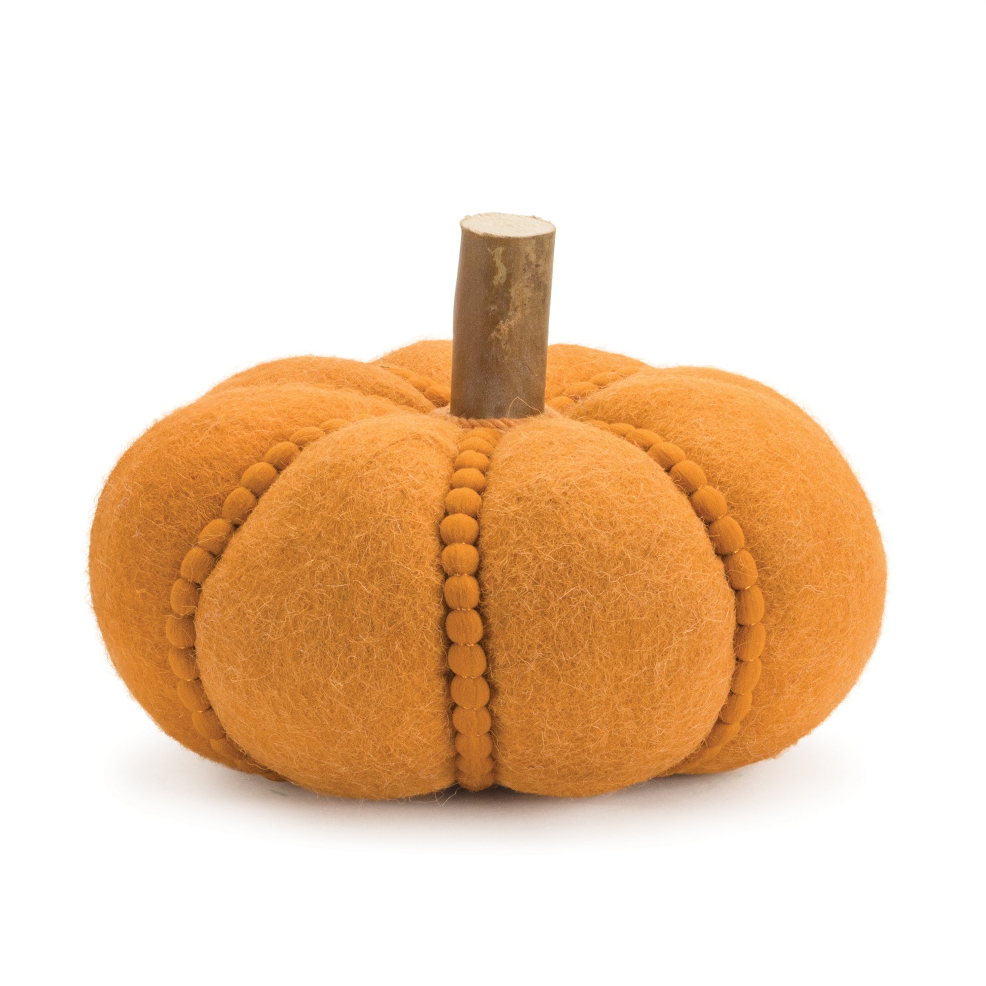 Set of two felt wool pumpkins with orange-brown tones, wooden log stems and beaded accents for rustic fall décor
