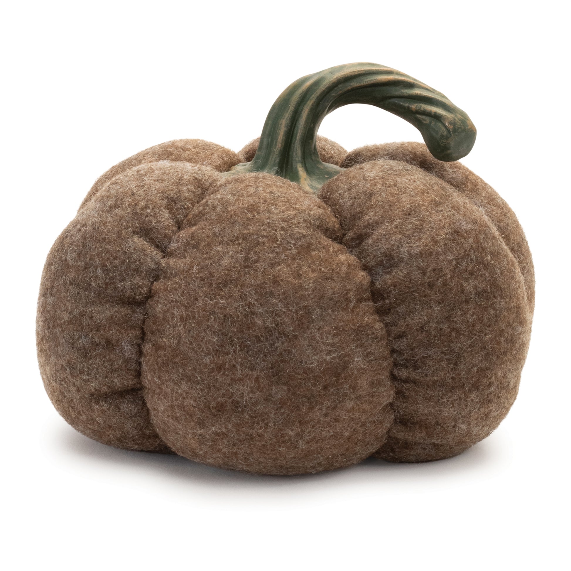 Three plush pumpkins with warm orange, cream, and brown hues in varying sizes for fall décor
