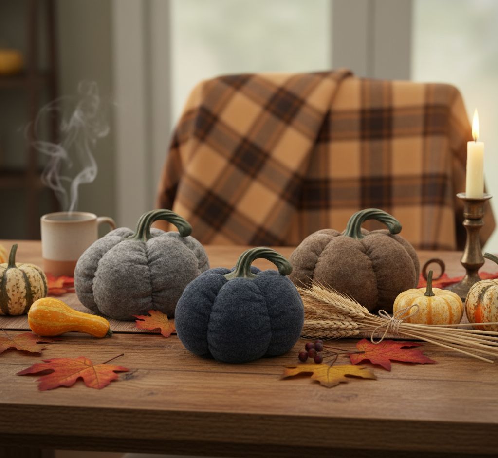 Three plush pumpkins with warm orange, cream, and brown hues in varying sizes for fall décor
