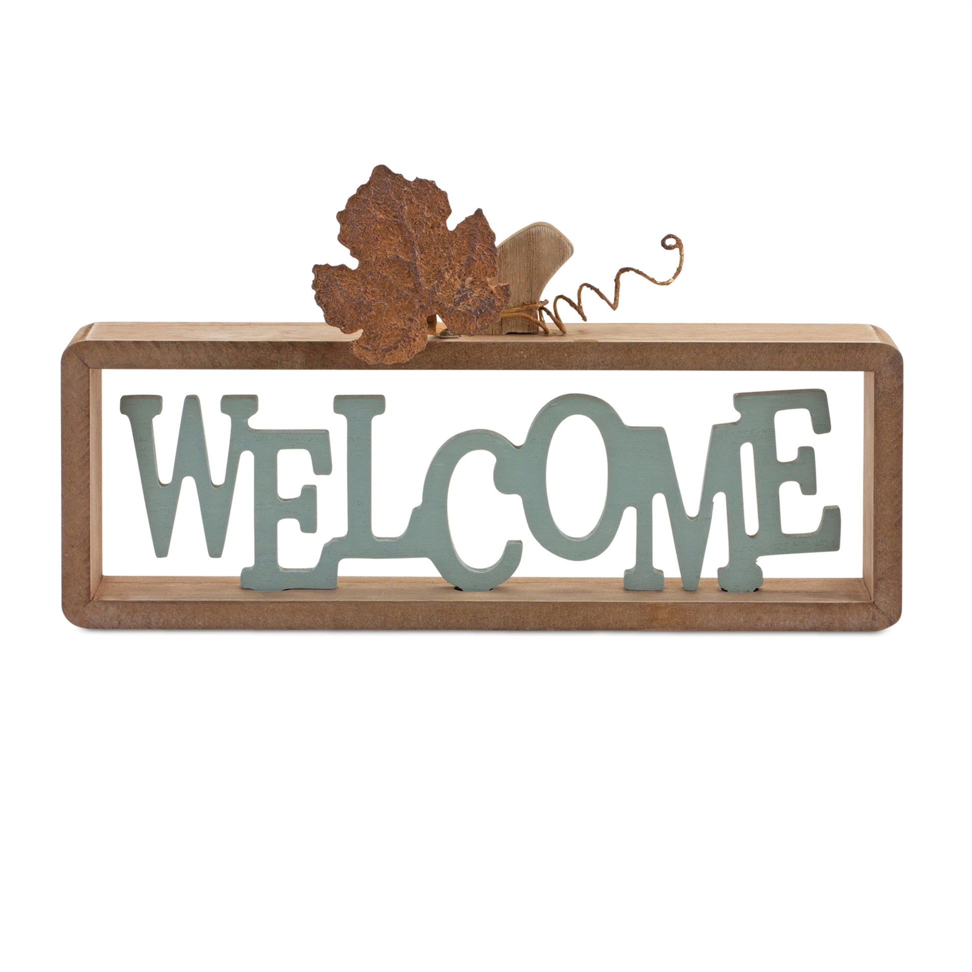 Set of two fall tabletop signs reading “Welcome” and “Harvest” in brown and teal with tin leaf accents
