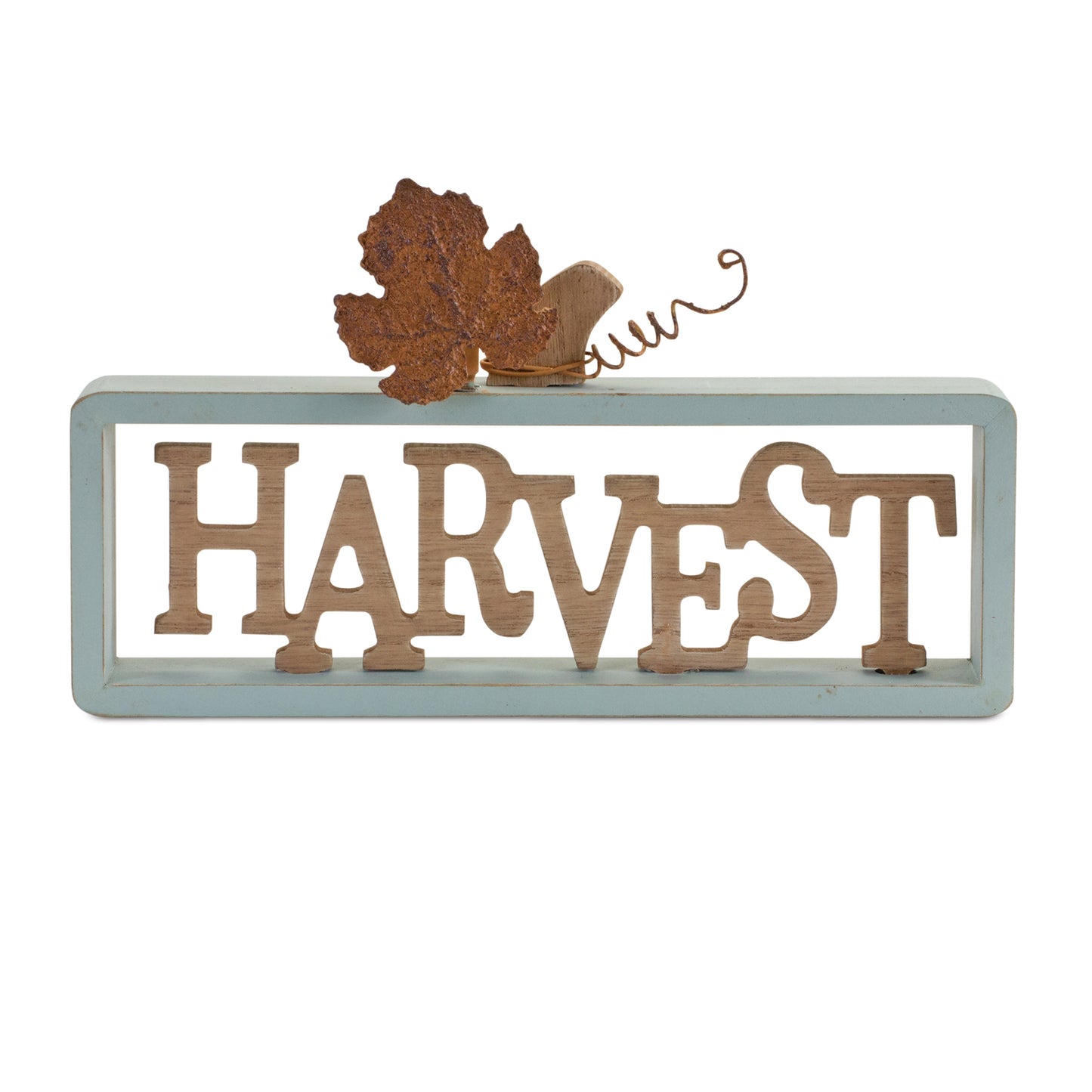 Set of two fall tabletop signs reading “Welcome” and “Harvest” in brown and teal with tin leaf accents
